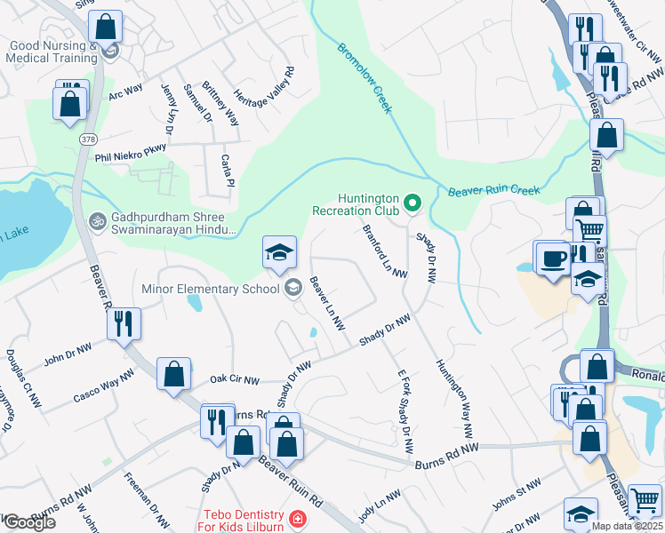 map of restaurants, bars, coffee shops, grocery stores, and more near 4076 Shady Circle Northwest in Lilburn