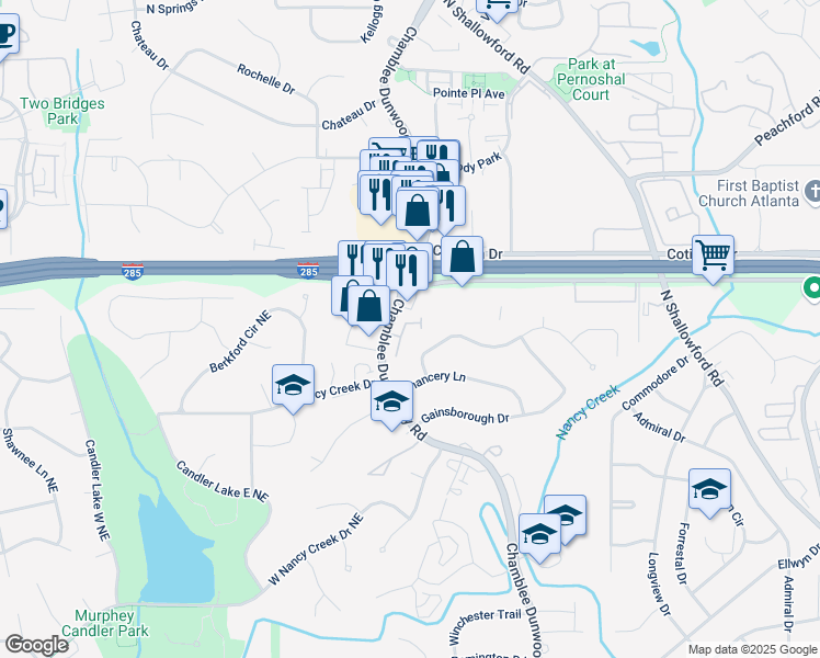 map of restaurants, bars, coffee shops, grocery stores, and more near 4303 Kingston Gate Cove in Chamblee