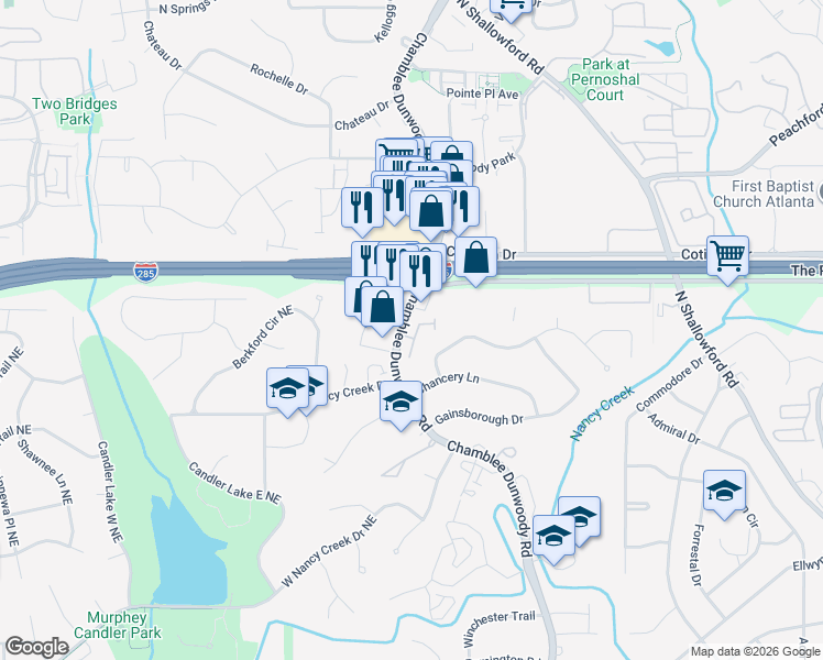 map of restaurants, bars, coffee shops, grocery stores, and more near 4302 Kingston Gate Cove in Atlanta