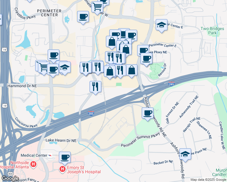 map of restaurants, bars, coffee shops, grocery stores, and more near 244 Perimeter Center Parkway Northeast in Atlanta