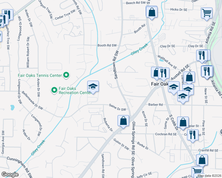 map of restaurants, bars, coffee shops, grocery stores, and more near 1382 Sandtown Green Southwest in Marietta