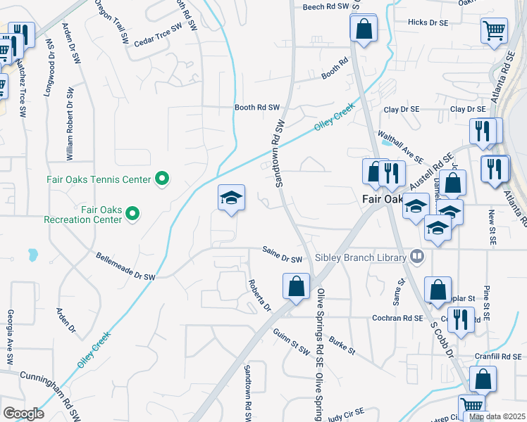 map of restaurants, bars, coffee shops, grocery stores, and more near 1386 Sandtown Green Southwest in Marietta