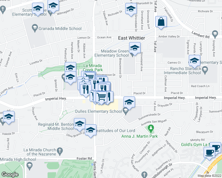map of restaurants, bars, coffee shops, grocery stores, and more near 12401 Clearglen Avenue in Whittier