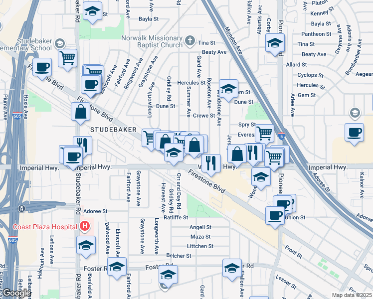map of restaurants, bars, coffee shops, grocery stores, and more near 12442 Orr and Day Road in Norwalk