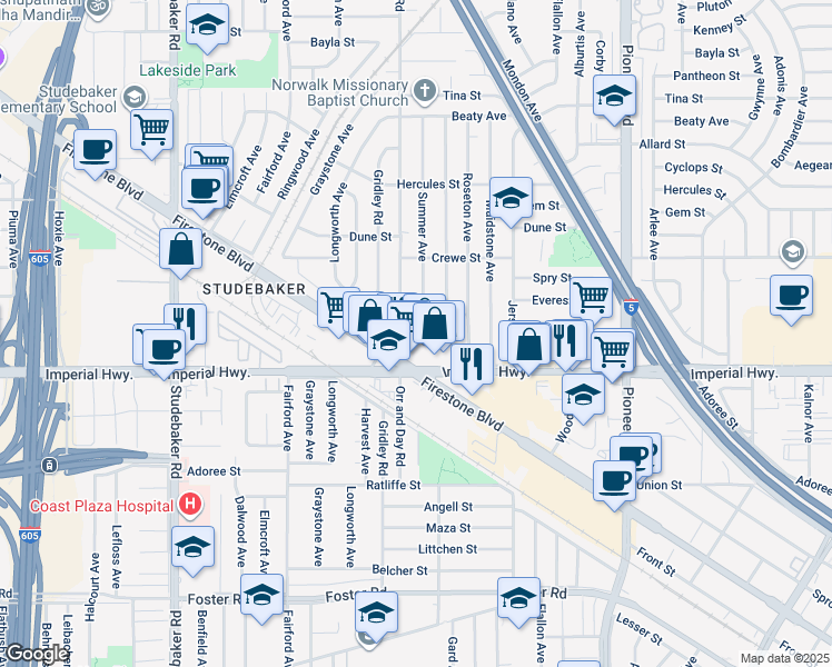 map of restaurants, bars, coffee shops, grocery stores, and more near 12418 Orr and Day Road in Norwalk