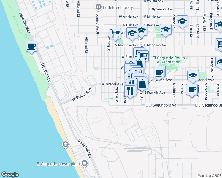map of restaurants, bars, coffee shops, grocery stores, and more near 210 Whiting Street in El Segundo