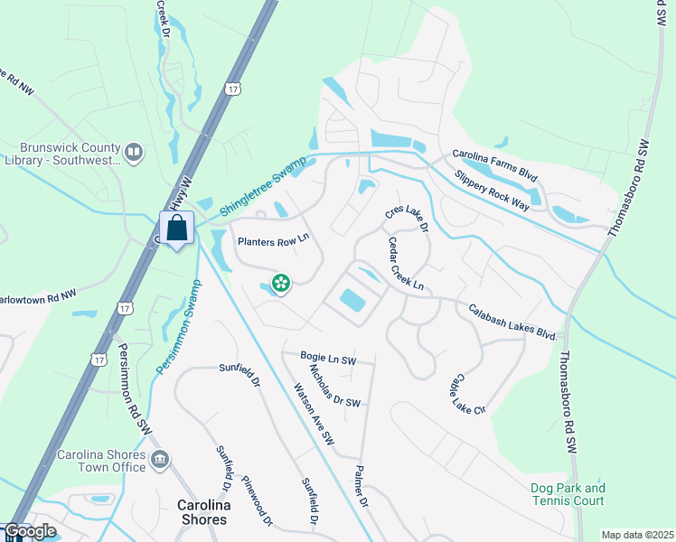 map of restaurants, bars, coffee shops, grocery stores, and more near 92 Calabash Lakes Boulevard in Calabash