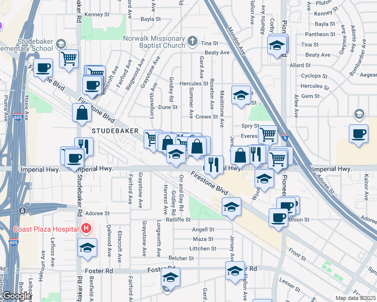 map of restaurants, bars, coffee shops, grocery stores, and more near 12418 Orr and Day Road in Norwalk