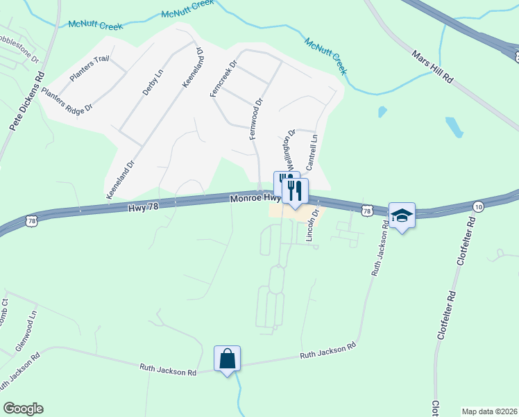 map of restaurants, bars, coffee shops, grocery stores, and more near 3041 Monroe Highway in Watkinsville