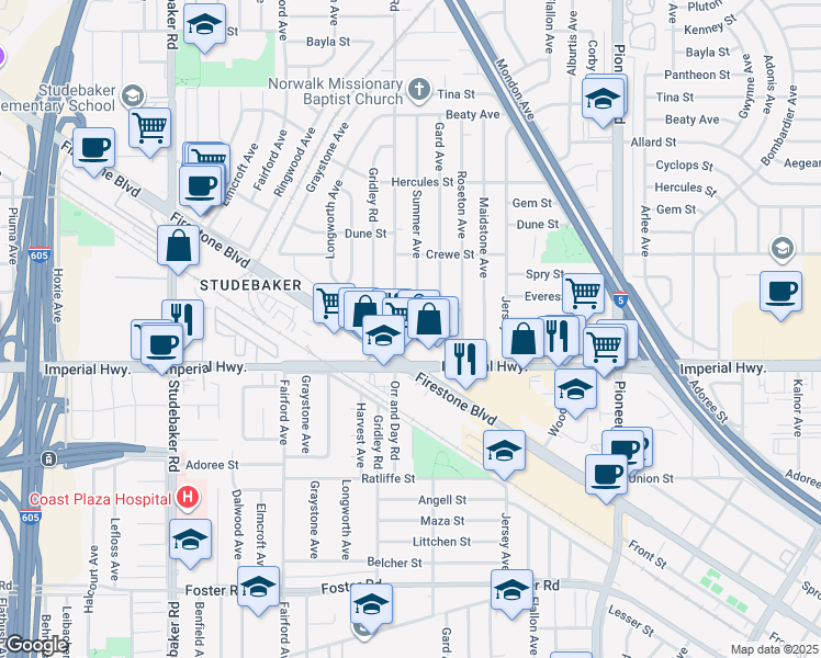 map of restaurants, bars, coffee shops, grocery stores, and more near 12442 Orr and Day Road in Norwalk