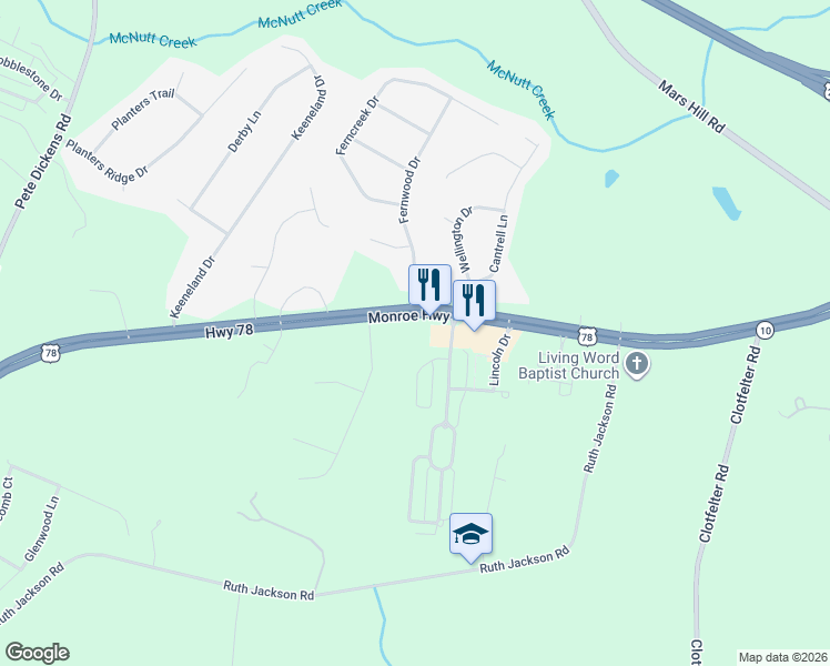 map of restaurants, bars, coffee shops, grocery stores, and more near 3041 Monroe Highway in Watkinsville