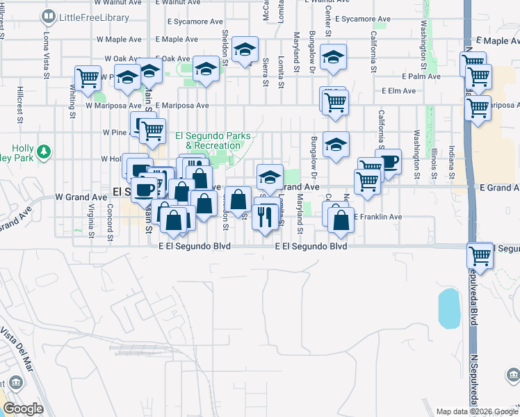 map of restaurants, bars, coffee shops, grocery stores, and more near 209 Sierra Street in El Segundo