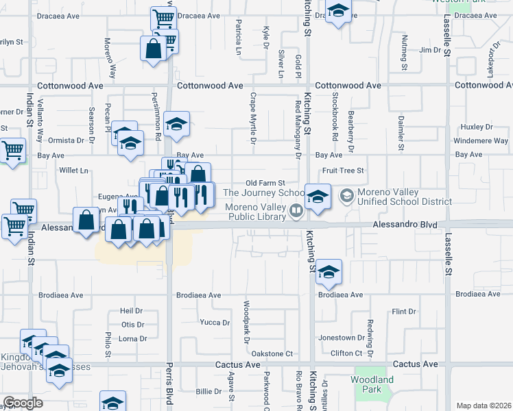 map of restaurants, bars, coffee shops, grocery stores, and more near 13989 Moreno Rose Place in Moreno Valley