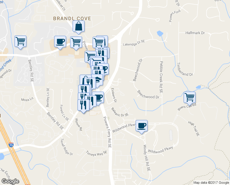 map of restaurants, bars, coffee shops, grocery stores, and more near 212 Smokerise Circle Southeast in Marietta