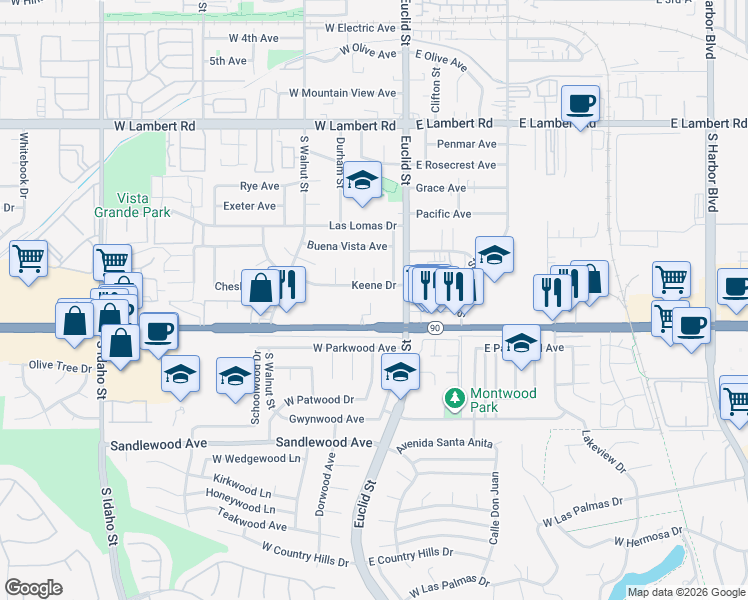 map of restaurants, bars, coffee shops, grocery stores, and more near in La Habra