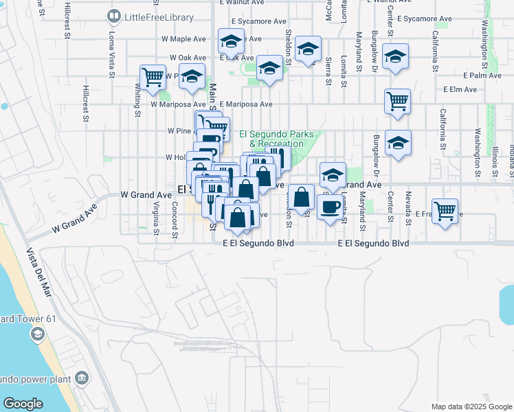 map of restaurants, bars, coffee shops, grocery stores, and more near 315 East Franklin Avenue in El Segundo