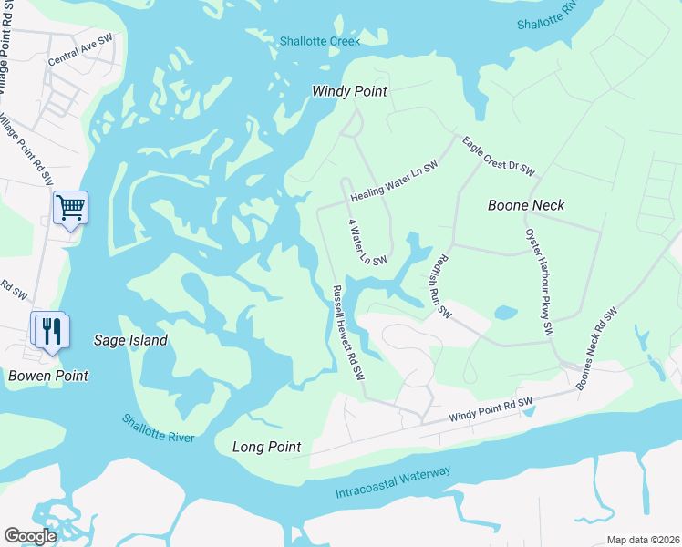 map of restaurants, bars, coffee shops, grocery stores, and more near 1889 Russell Hewett Road Southwest in Brunswick