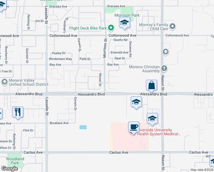 map of restaurants, bars, coffee shops, grocery stores, and more near 13931 Andromeda Avenue in Moreno Valley