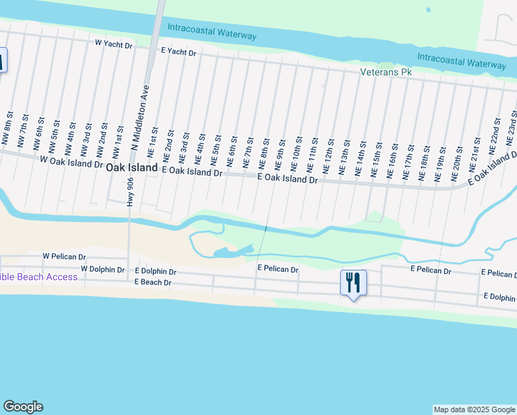 map of restaurants, bars, coffee shops, grocery stores, and more near 116 Southeast 8th Street in Oak Island
