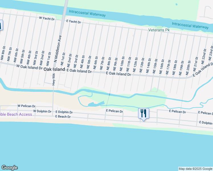 map of restaurants, bars, coffee shops, grocery stores, and more near 116 Southeast 8th Street in Oak Island