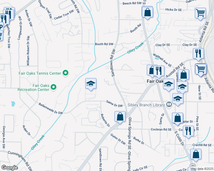 map of restaurants, bars, coffee shops, grocery stores, and more near 1386 Sandtown Green Southwest in Marietta