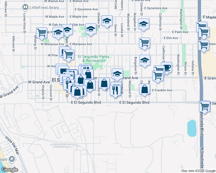 map of restaurants, bars, coffee shops, grocery stores, and more near 210 Penn Street in El Segundo