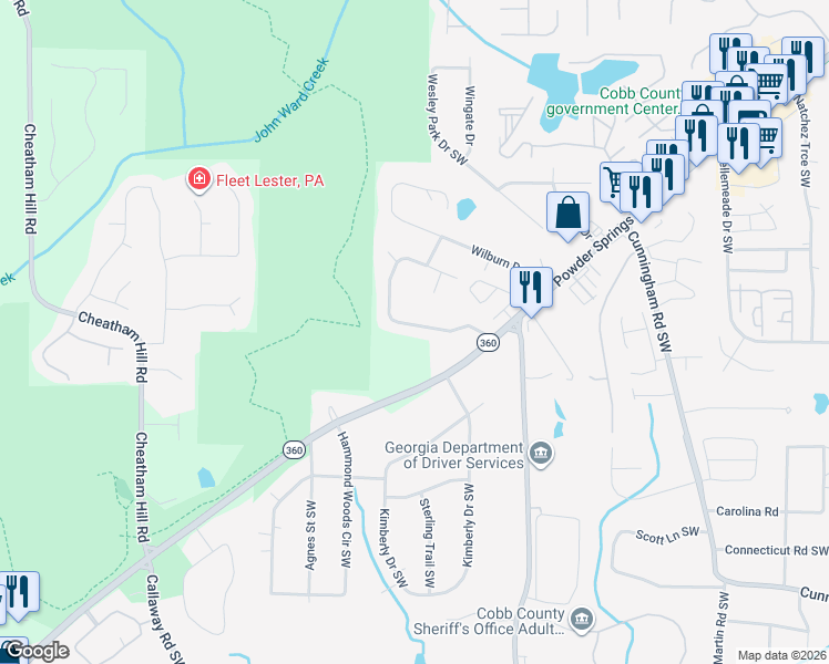 map of restaurants, bars, coffee shops, grocery stores, and more near 1065 Murray Circle Southwest in Marietta