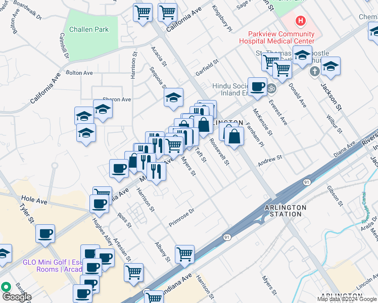 map of restaurants, bars, coffee shops, grocery stores, and more near 9670 Magnolia Avenue in Riverside