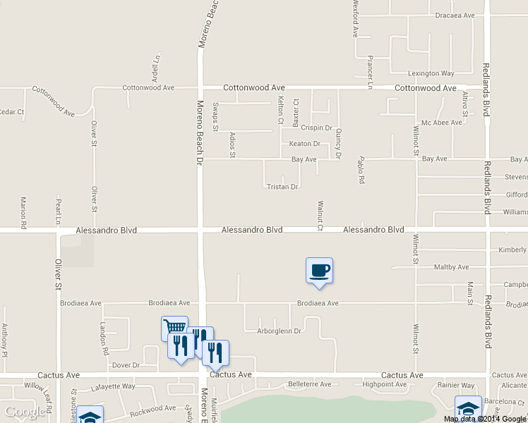 map of restaurants, bars, coffee shops, grocery stores, and more near 28196 Alessandro Boulevard in Moreno Valley