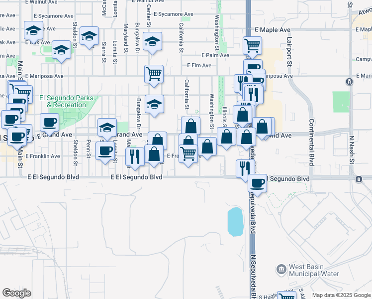 map of restaurants, bars, coffee shops, grocery stores, and more near 1401 East Franklin Avenue in El Segundo