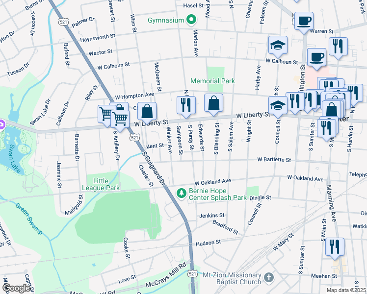 map of restaurants, bars, coffee shops, grocery stores, and more near 31 Sampson Street in Sumter