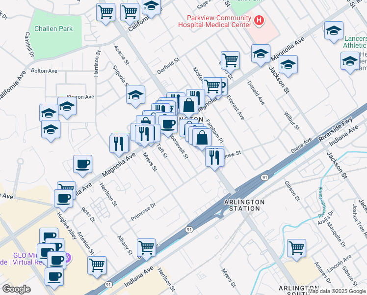 map of restaurants, bars, coffee shops, grocery stores, and more near 3714 Roosevelt Street in Riverside