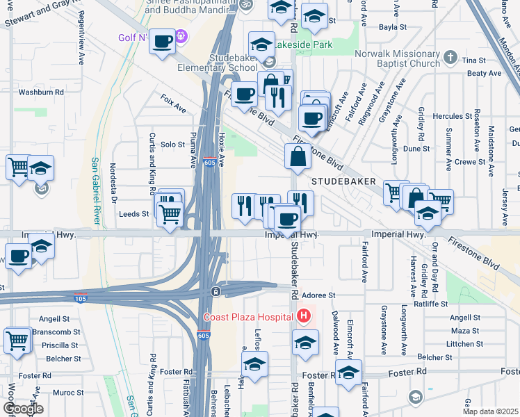 map of restaurants, bars, coffee shops, grocery stores, and more near 10901 Imperial Highway in Norwalk