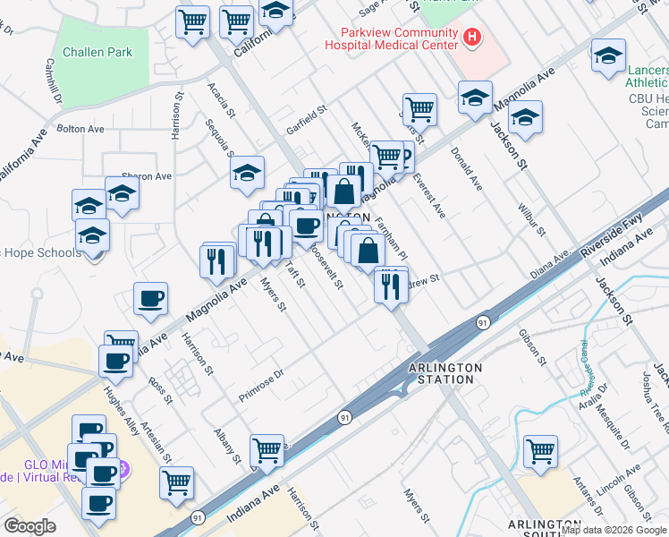 map of restaurants, bars, coffee shops, grocery stores, and more near 3717 Roosevelt Street in Riverside
