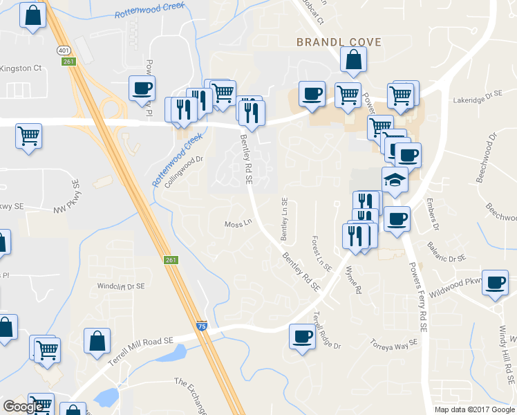 map of restaurants, bars, coffee shops, grocery stores, and more near 2662 Moss Lane in Marietta