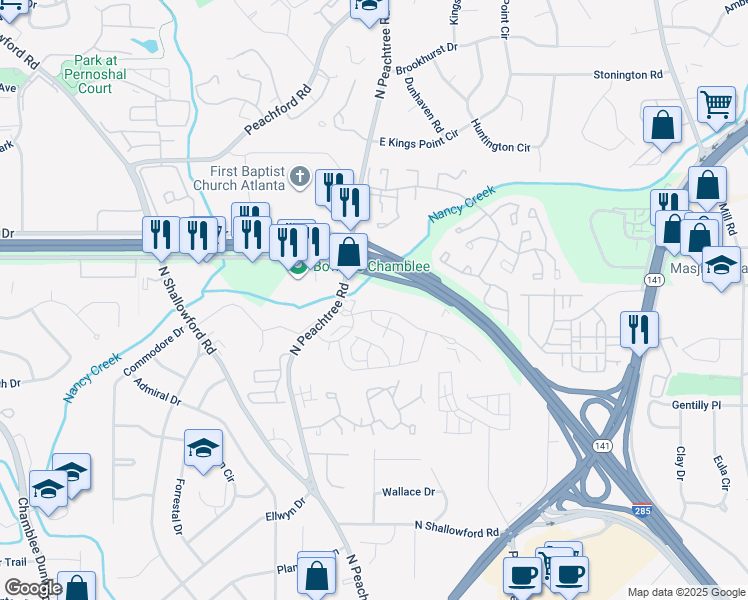 map of restaurants, bars, coffee shops, grocery stores, and more near 10 Perimeter Park Drive in Atlanta