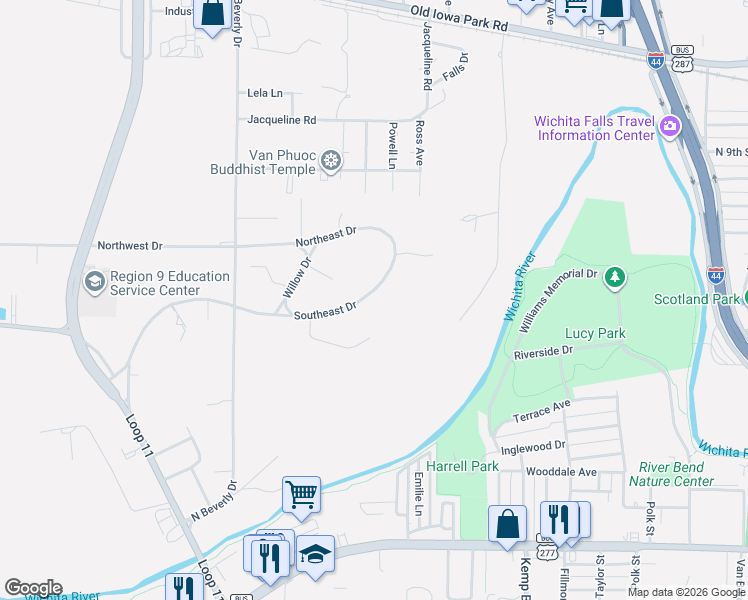 map of restaurants, bars, coffee shops, grocery stores, and more near 3113 Southeast Drive in Wichita Falls