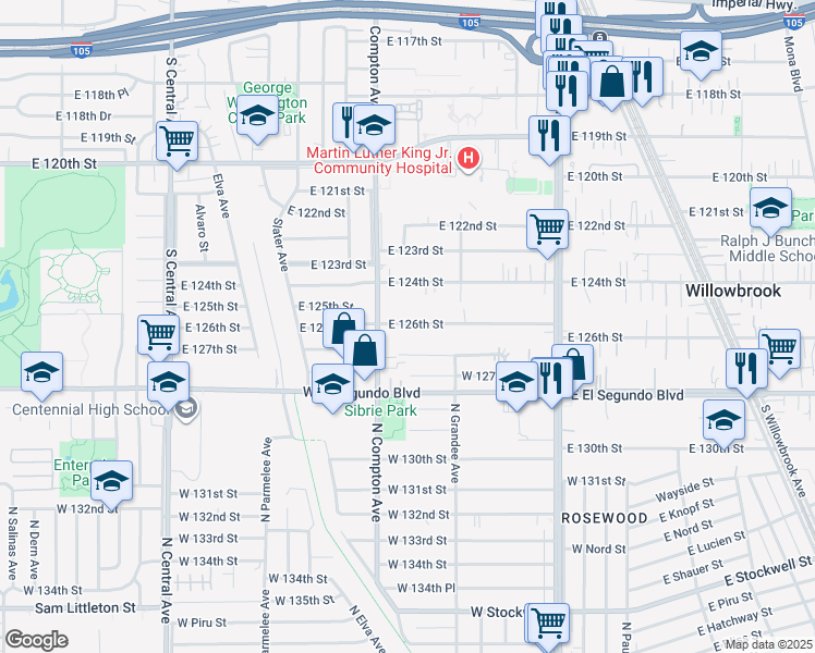map of restaurants, bars, coffee shops, grocery stores, and more near 1634 East 126th Street in Compton