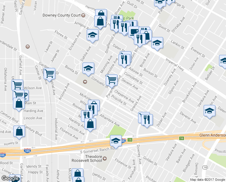 map of restaurants, bars, coffee shops, grocery stores, and more near 13000 Paramount Boulevard in Downey
