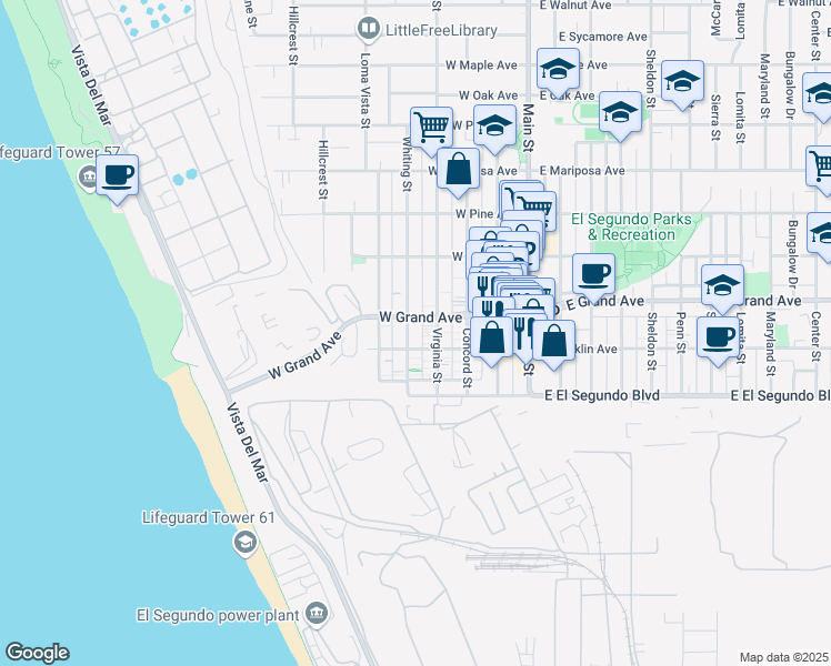 map of restaurants, bars, coffee shops, grocery stores, and more near 210 Whiting Street in El Segundo