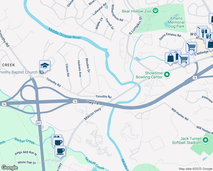 map of restaurants, bars, coffee shops, grocery stores, and more near 160 Holmes Ave in Athens