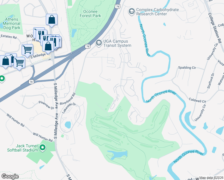 map of restaurants, bars, coffee shops, grocery stores, and more near 100 Woodstone Drive in Athens
