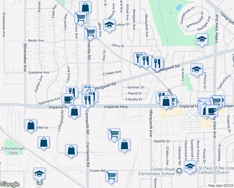 map of restaurants, bars, coffee shops, grocery stores, and more near 13549 Placid Drive in Whittier