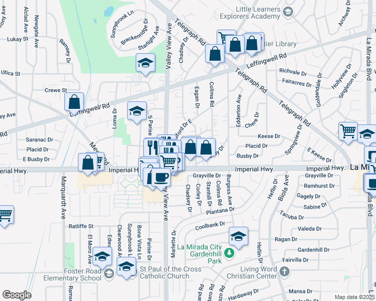 map of restaurants, bars, coffee shops, grocery stores, and more near 14281 Keese Drive in Whittier