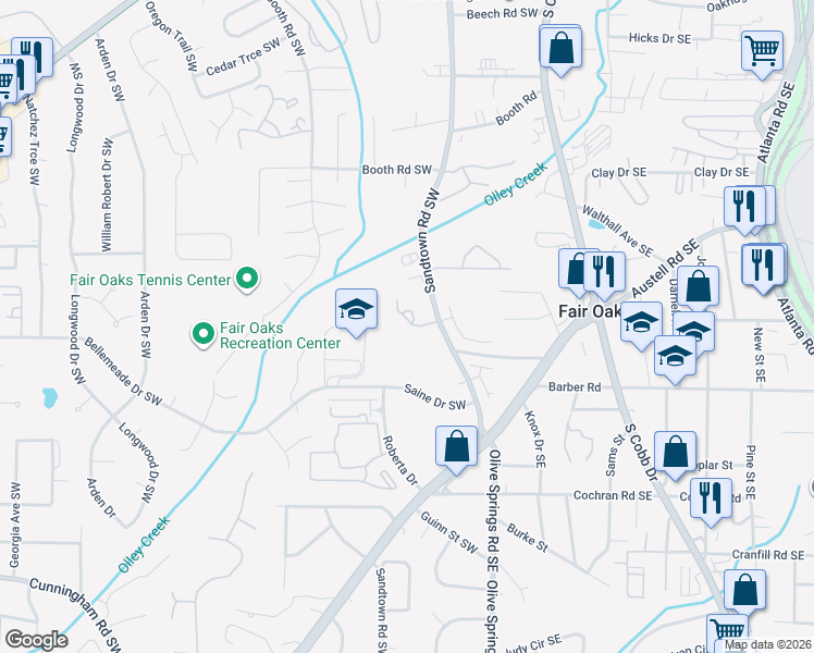 map of restaurants, bars, coffee shops, grocery stores, and more near 1378 Sandtown Green Southwest in Marietta