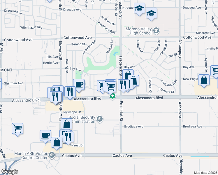 map of restaurants, bars, coffee shops, grocery stores, and more near 22933 Adrienne Avenue in Moreno Valley