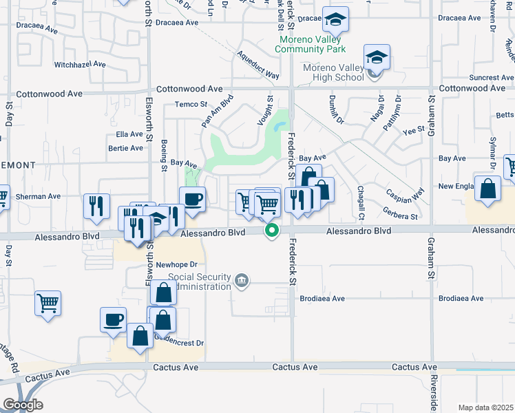 map of restaurants, bars, coffee shops, grocery stores, and more near 22839 Adrienne Avenue in Moreno Valley