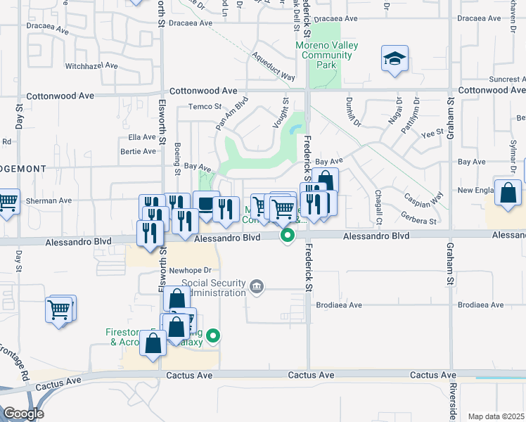 map of restaurants, bars, coffee shops, grocery stores, and more near 22839 Adrienne Avenue in Moreno Valley