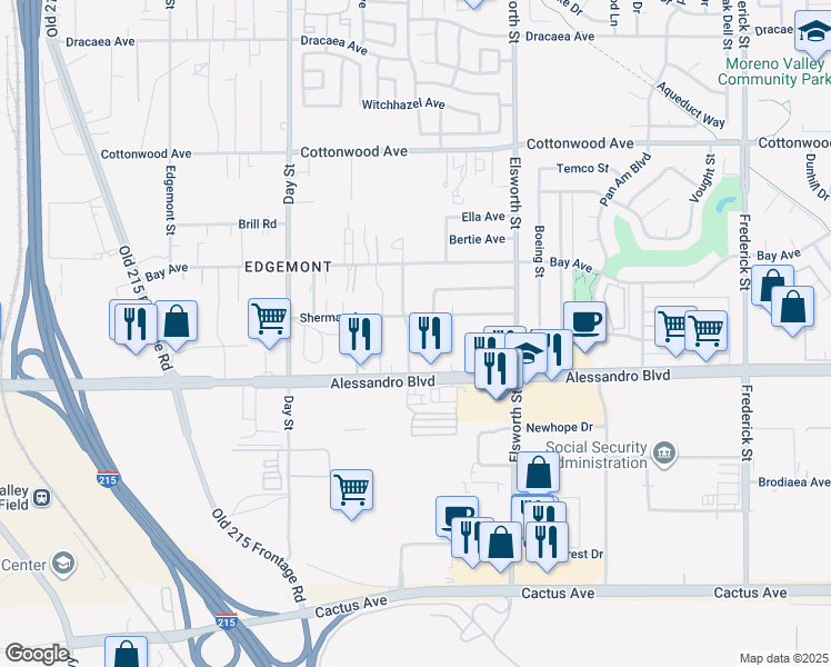 map of restaurants, bars, coffee shops, grocery stores, and more near 13929 Grant Street in Moreno Valley