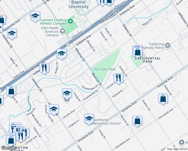 map of restaurants, bars, coffee shops, grocery stores, and more near 3024 Monroe Street in Riverside